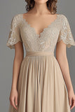 V-Neck Champagne A-Line Chiffon Embroidered Mother of the Bride Dress