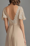 V-Neck Champagne A-Line Chiffon Embroidered Mother of the Bride Dress