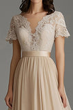 V-Neck Champagne Corset A-Line Chiffon Mother of the Bride Dress