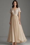 V-Neck Champagne Corset A-Line Chiffon Mother of the Bride Dress