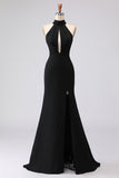 Black Mermaid Plus Size Halter Neck Satin Formal Dress