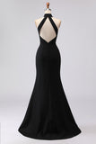 Black Mermaid Halter Neck Satin Formal Dress