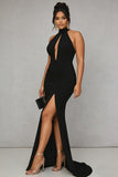 Black Mermaid Plus Size Halter Neck Satin Formal Dress