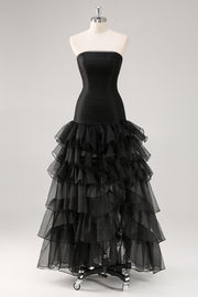Strapless Black Tulle Tiered Ruffles Formal Dress with Slit