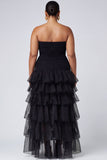 Black Strapless Tulle Tiered Ruffles Formal Dress