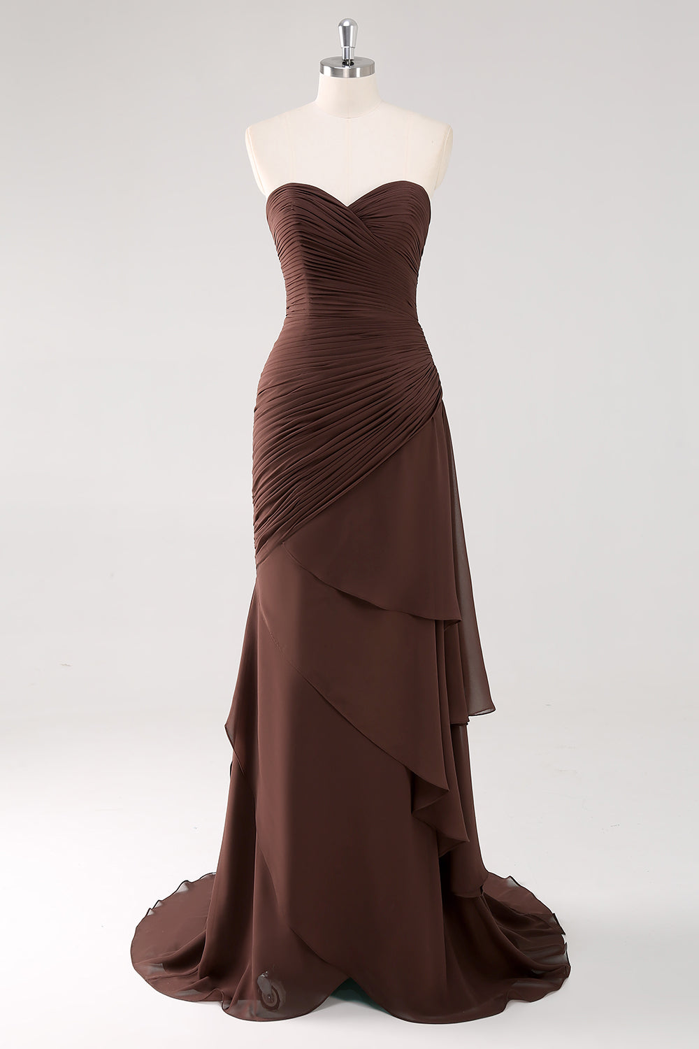 Leely Women Dark Brown Sweetheart Ruffled Formal Dress Ruched Strapless