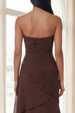 Strapless Dark Brown Sweetheart Ruched Sheath Formal Dress
