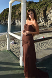 Dark Brown Sweetheart Strapless Ruffled Sheath Formal Dress