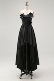 A-Line Black High Low Applique Satin Formal Dress