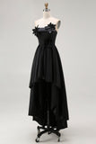 A-Line Black High Low Satin Applique Formal Dress