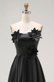 A-Line Black High Low Satin Applique Formal Dress
