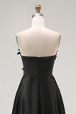 A-Line Black High Low Satin Applique Formal Dress