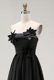 A-Line Black High Low Satin Applique Formal Dress