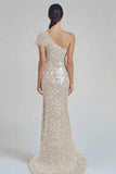Champagne One Shoulder Sequined Mermaid Formal Dress