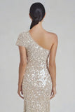 Champagne One Shoulder Sequined Mermaid Formal Dress