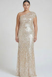 Champagne One Shoulder Plus Size Sequined Mermaid Formal Dress