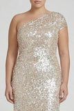 Champagne One Shoulder Plus Size Sequined Mermaid Formal Dress
