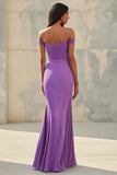 Chiffon Purple Off the Shoulder Sheath Pleated Formal Dress