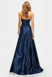 Navy Sweetheart Satin Beaded A Line Formal Dress with Slit