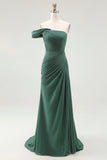 One Shoulder Dark Green Pleated Sheath Maxi Formal Dress