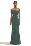 One Shoulder Dark Green Pleated Sheath Maxi Formal Dress