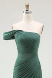 One Shoulder Pleated Sheath Maxi Dark Green Formal Dress