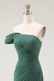 One Shoulder Pleated Sheath Maxi Dark Green Formal Dress