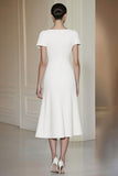 White Short Sleeves Tea Length A-Line Formal Dress