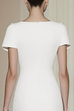White Short Sleeves Tea Length A-Line Formal Dress
