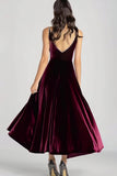 Burgundy V-Neck Velvet A Line Formal Dress