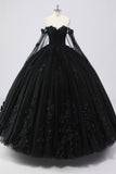 Glitter Black Ball Gown Corset Sweetheart 3D Flowers Quinceañera Dress