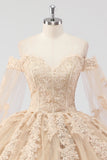 Princess Champagne Off the Shoulder Tulle Quinceañera Dress with Appliques