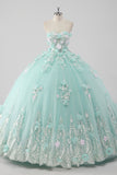 Princess Mint Ball Gown Strapless Tulle Quinceañera Dress with 3D Flowers
