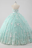 Princess Mint Ball Gown Strapless Tulle Quinceañera Dress with 3D Flowers