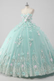 Princess Mint Ball Gown Strapless Tulle Quinceañera Dress with 3D Flowers