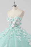 Princess Mint Ball Gown Strapless Tulle Quinceañera Dress with 3D Flowers