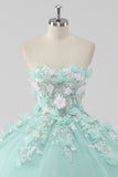 Princess Mint Ball Gown Strapless Tulle Quinceañera Dress with 3D Flowers
