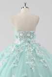 Princess Mint Ball Gown Strapless Tulle Quinceañera Dress with 3D Flowers