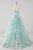 Princess Mint Ball Gown Strapless Tulle Quinceañera Dress with 3D Flowers