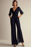 Navy Chiffon V-Neck Half Sleeves Mother of the Bride Jumpsuit