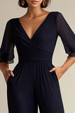 Navy Chiffon V-Neck Half Sleeves Mother of the Bride Jumpsuit