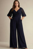 Navy Chiffon V-Neck Plus Size Half Sleeves Mother of the Bride Jumpsuit