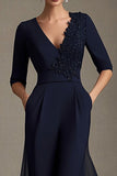 Chiffon Applique Navy V-Neck Mother of the Bride Dress
