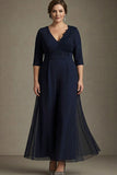 Plus Size Chiffon Applique Navy V-Neck Mother of the Bride Dress