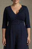 Plus Size Chiffon Applique Navy V-Neck Mother of the Bride Dress