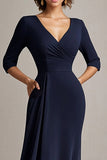 Chiffon Sheath Navy V-Neck Mother of the Bride Dress