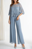 Grey Blue Lace Overlay Top and Chiffon Pants 2 Pieces Suit