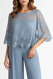 Grey Blue Lace Overlay Top and Chiffon Pants 2 Pieces Suit