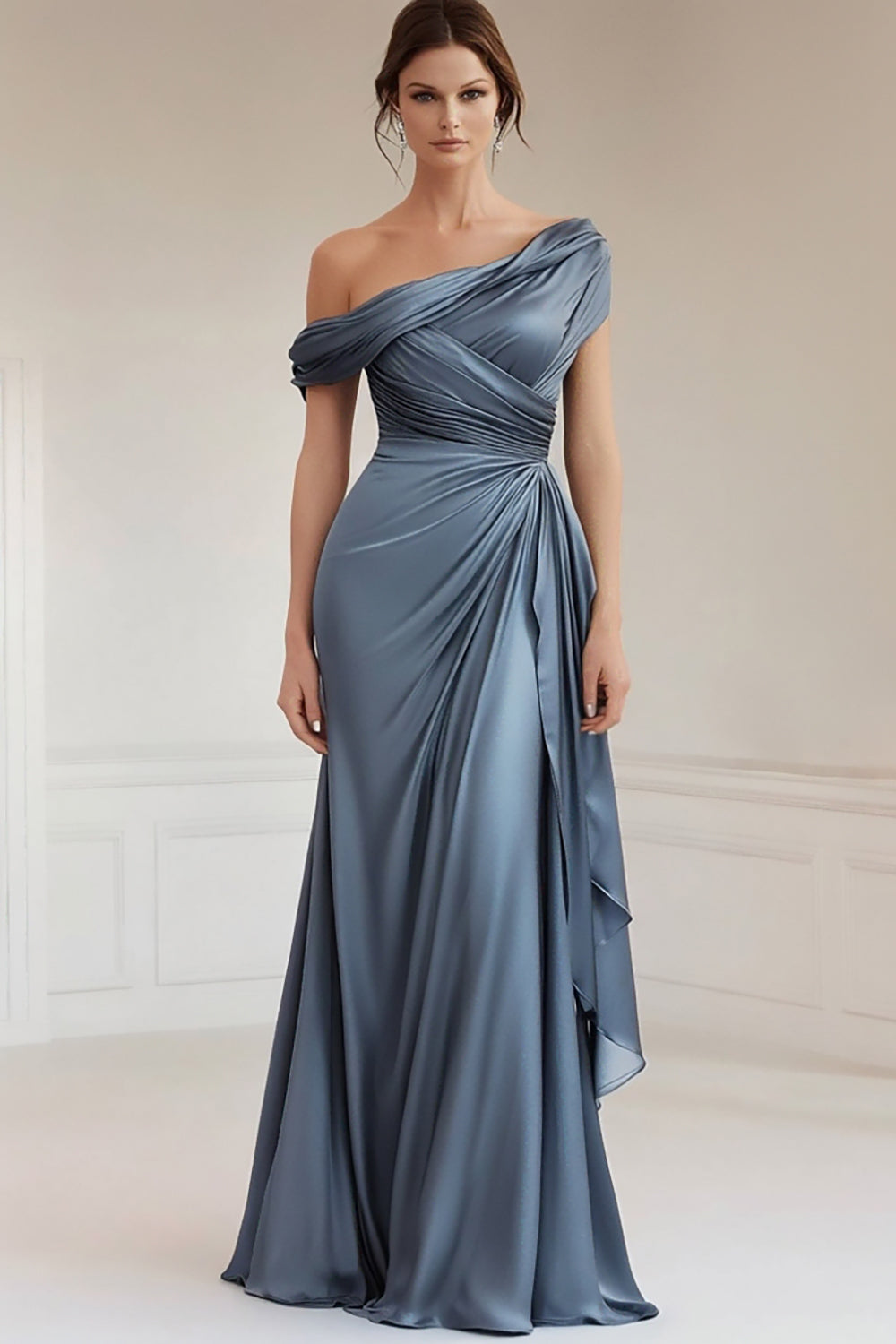 Leely Women Grey Blue Satin One Shoulder Sheath Mother of the Bride Dress Maxi Ruffled Formal Dress leelyuk Leely Women Grey Blue Satin One Shoulder Sheath Mother of the Bride Dress Maxi Ruffled Formal Dress leelyuk