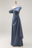 Grey Blue Satin One Shoulder Sheath Mother of the Bride Dress